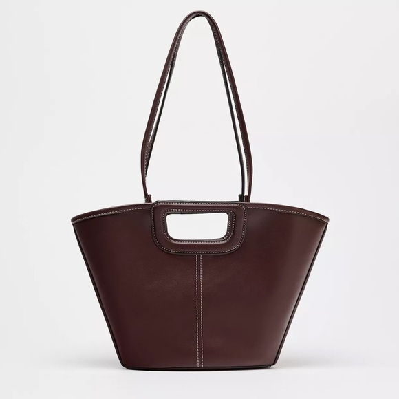 Zara Handbags - NWT Zara Topstitched Shopper Bag Tote Shoulder Brown Burgundy Red New Rare